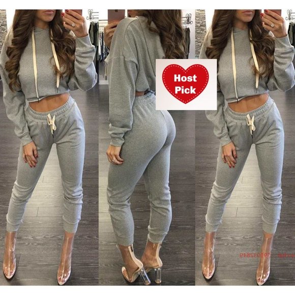 2 Piece Matching Hoodie and Pants Tracksuit Set - Gray Crop Top and Pants Set - Picture 1 of 6